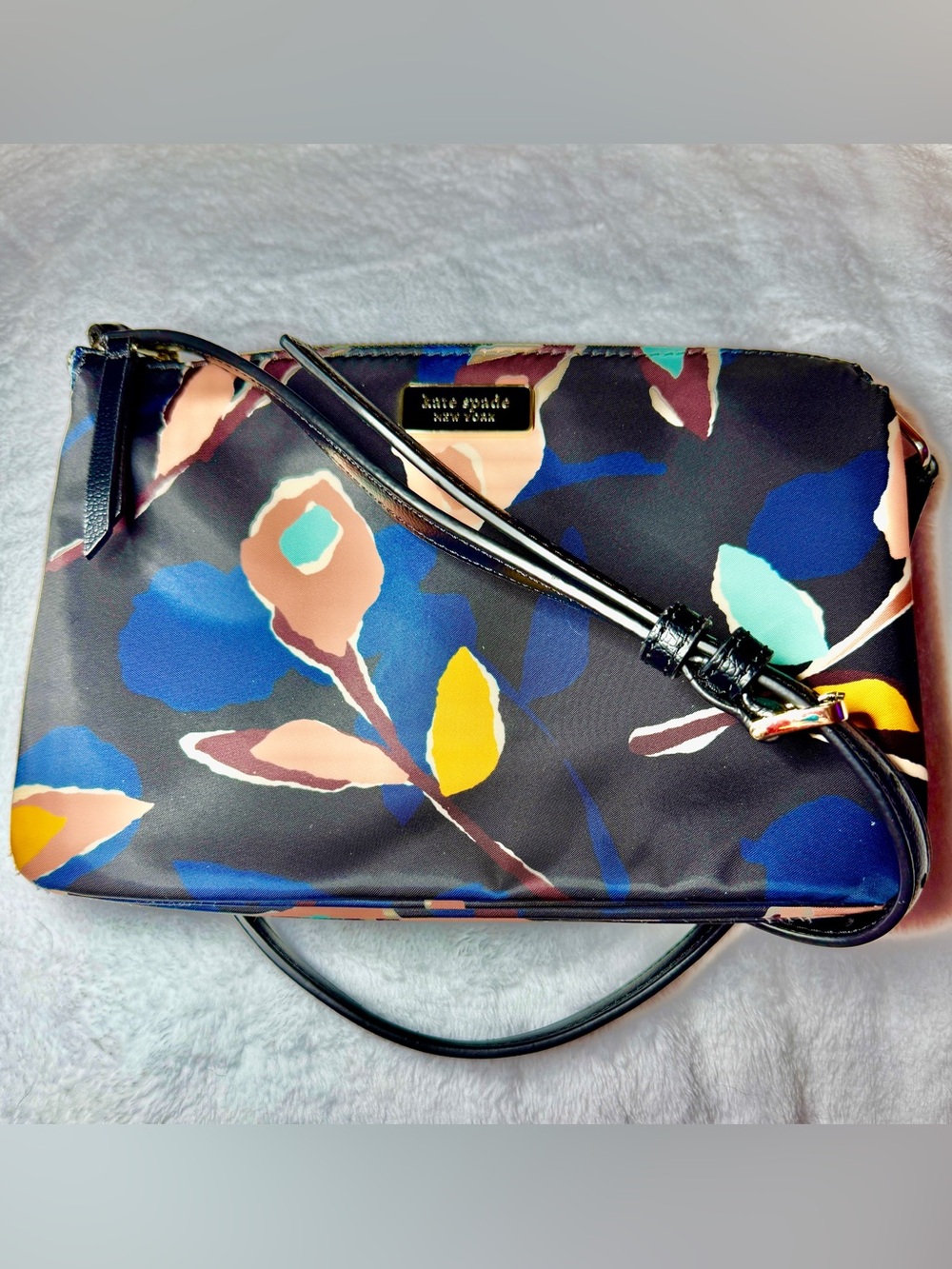 kate spade Black Floral Crossbody with Multicolor Petals EUC